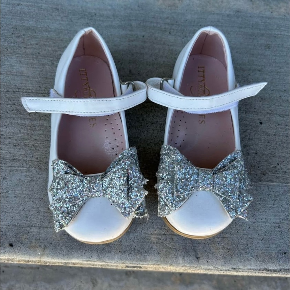 White Glitter Bow Kids Shoes